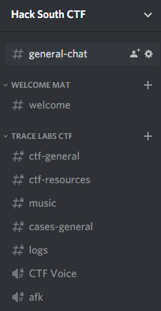 A snapshot of our Discord channel layout in our CTF server.